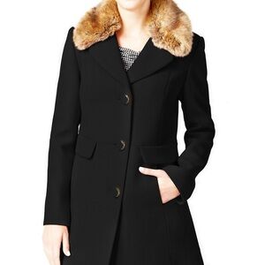 Kate Spade Women’s Wool Blend Black Peacoat with Fur Collar, Size L